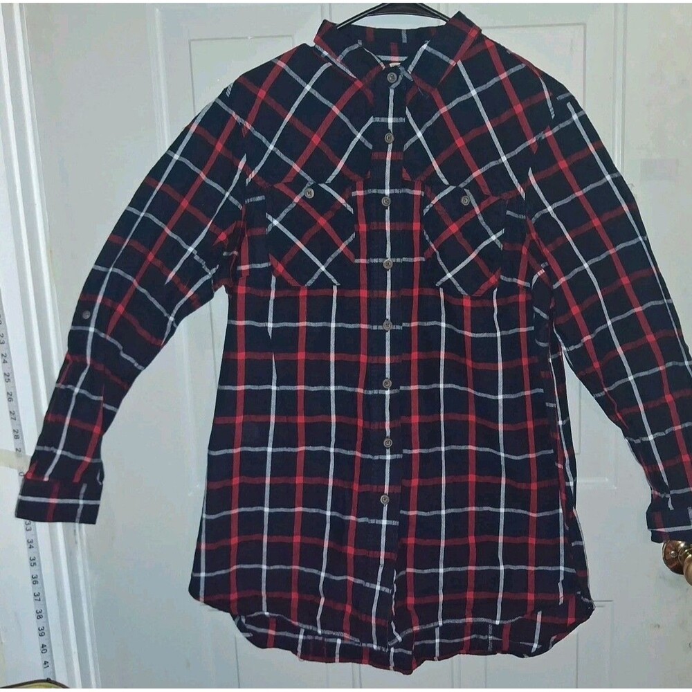 Duluth Trading Co Women's Free Swingin Flannel Tunic Shirt Red Black Plaid Large